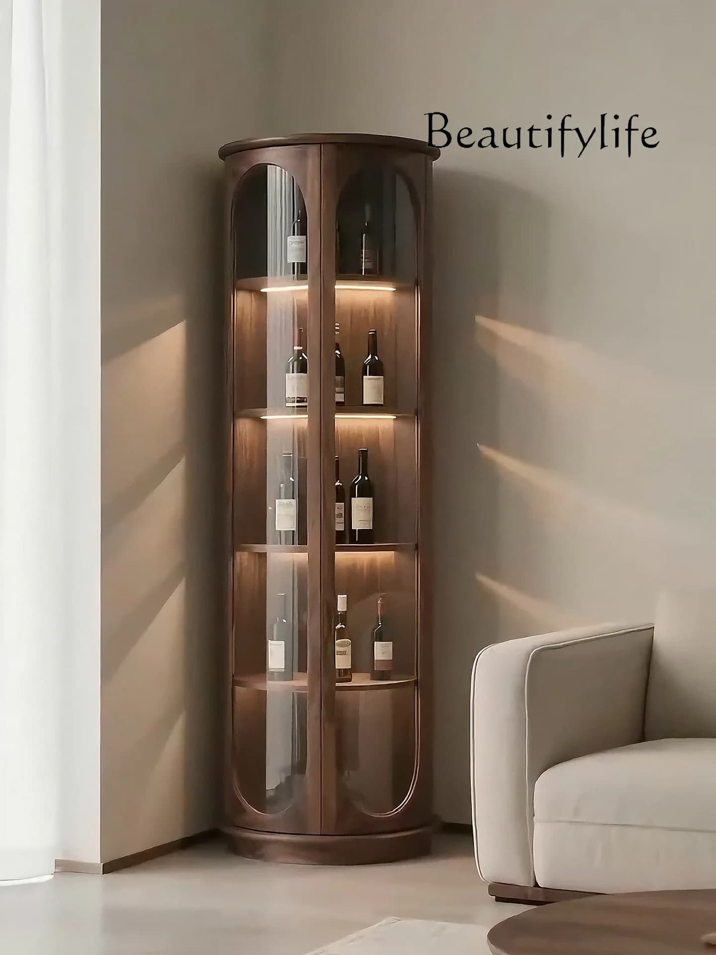 XR Black Walnut Glass Wine Cabinet Modern Light Luxury Double Door Display Cabinet Living Room Solid Wood Round Decoration