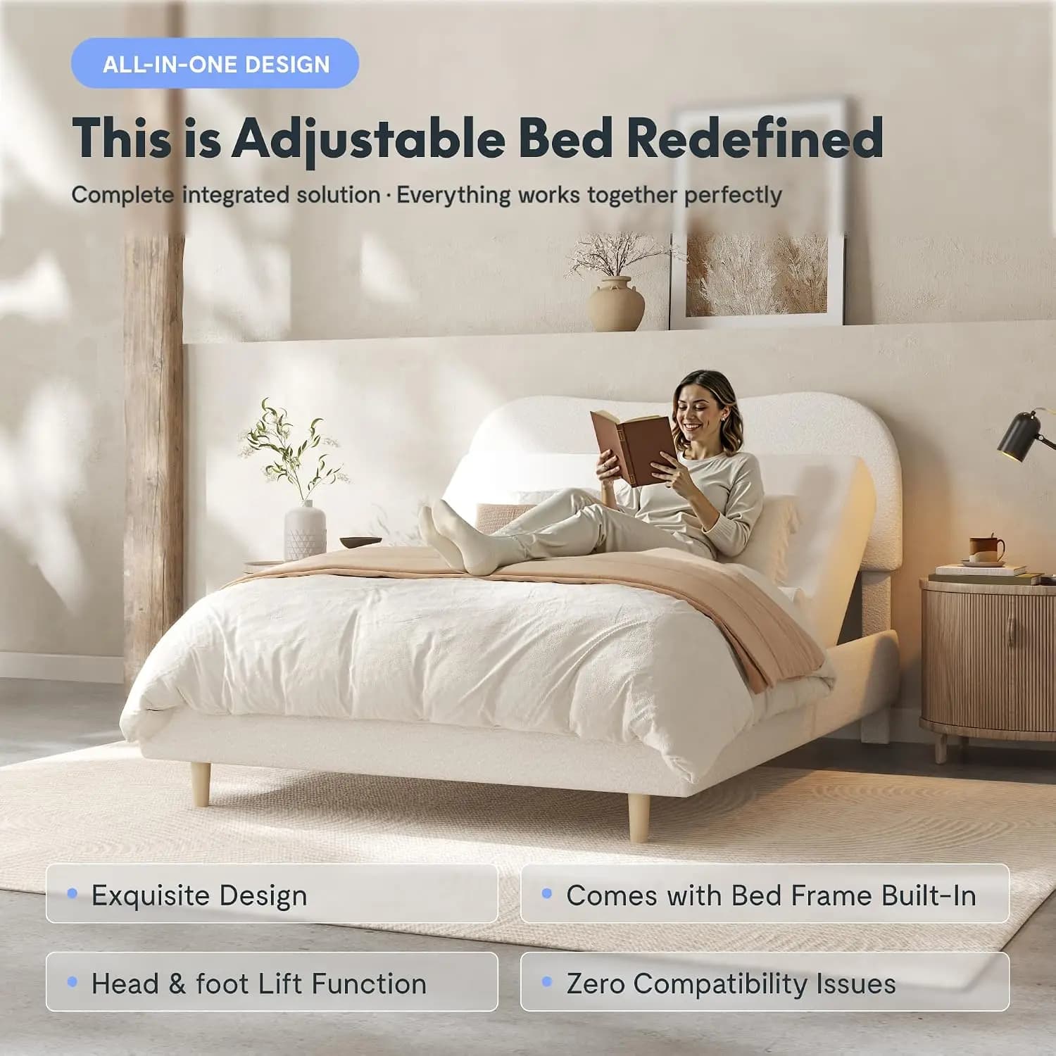 Queen Adjustable Bed with Boucle Upholstered Bed Frame, White