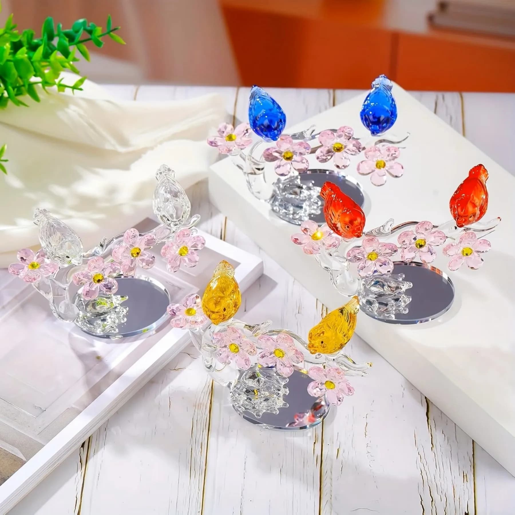 Fashion Crystal Bird Flower Statue - Nature Home Decor, Desk Top Display, Unique Women's Gift, Garden Office Bird Decoration
