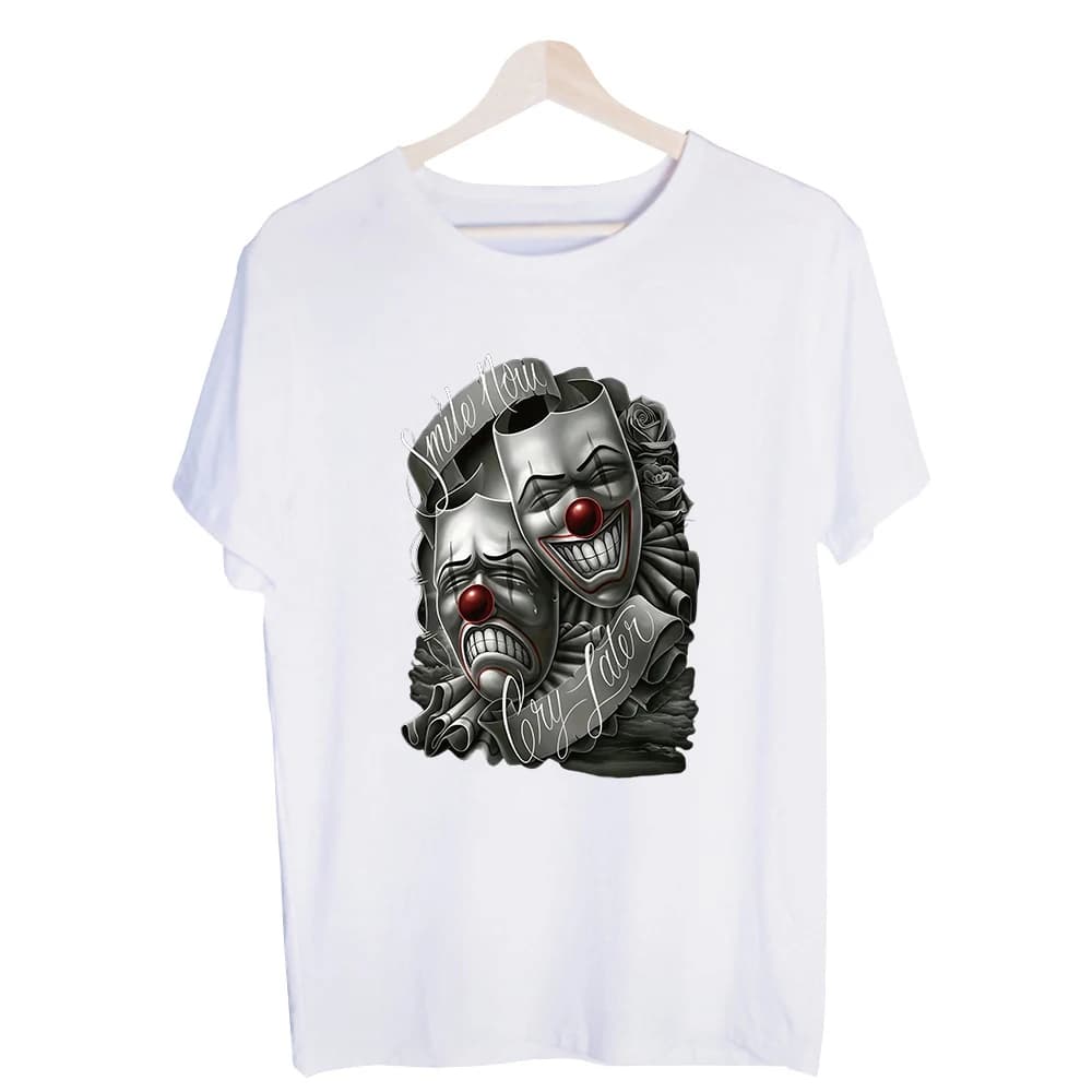 Men's Clown Mask Graphic Tee, Short Sleeve Crew Neck T-Shirt for Casual Streetwear and Everyday Outfits