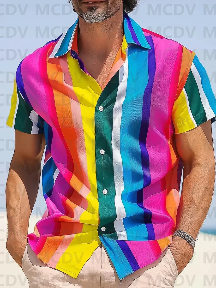 Men's Hawaiian Shirts Colorful Stripes Pattern Aloha Shirts Summer Hawaiian Shirts