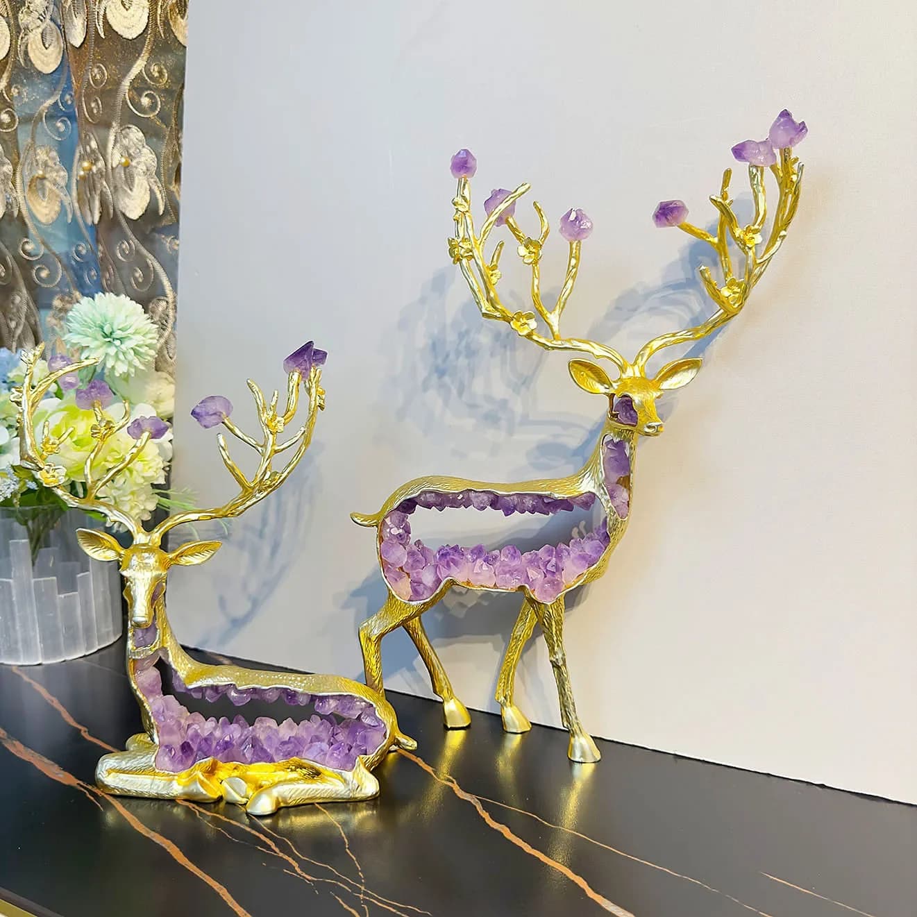 Amethyst Statue Simulated Animal Sculptures Golden Deer Crystal Deer Handicrafts Metal Figurine Home Decoration Accessories