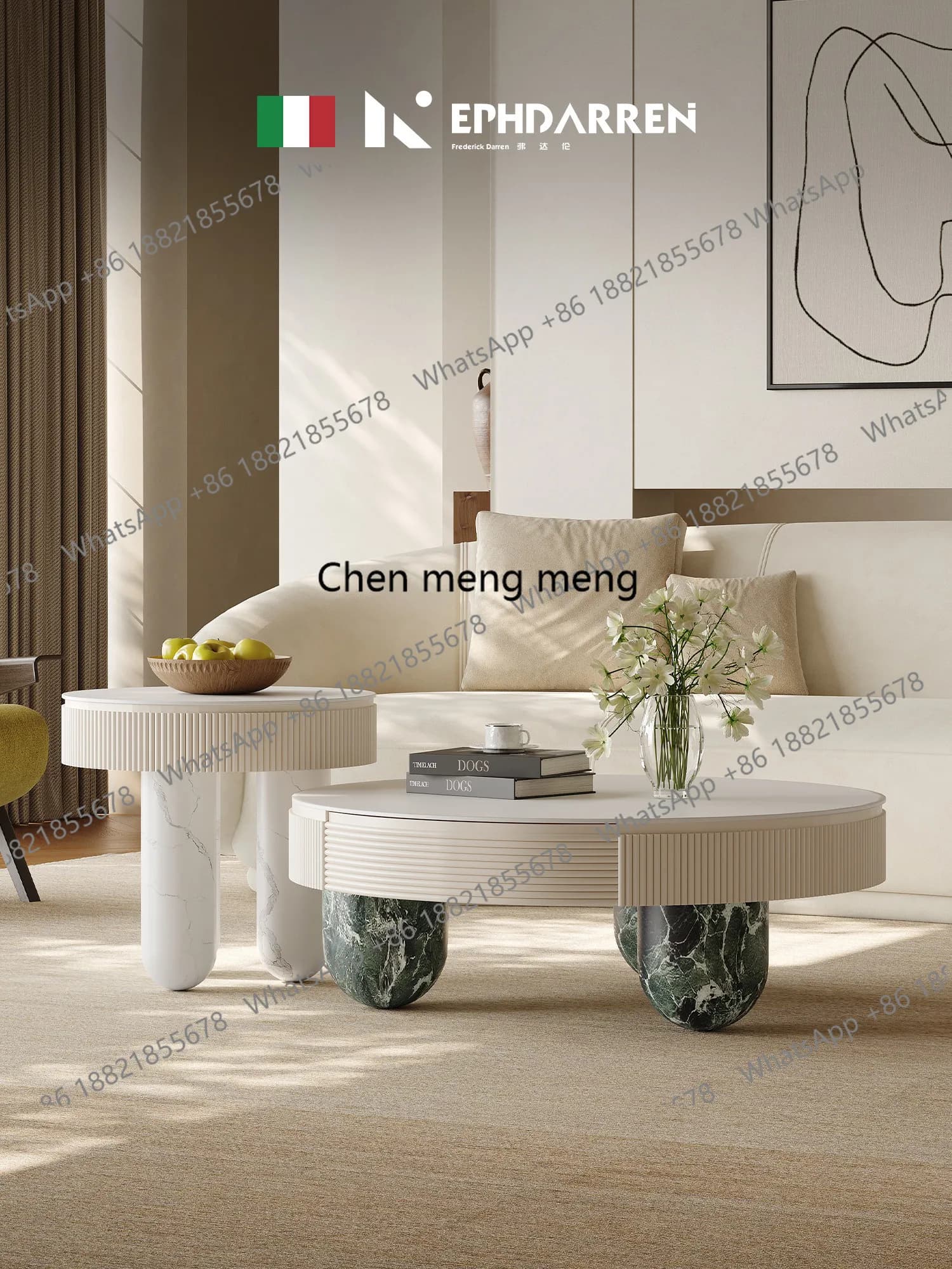 French cream wind rock slab coffee table combination round living room household small apartment high-end marble pattern