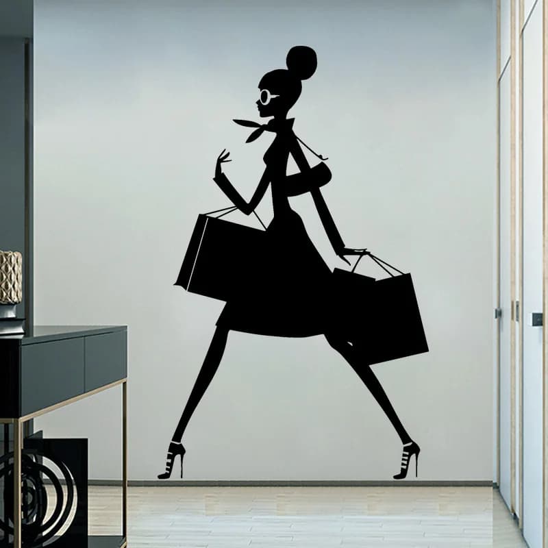 Shopping Girl Vinyl Wall Decal Fashion Silhouette Woman With Shopping Bag Vinyl Sticker Shop Window Stickers Mural FS29