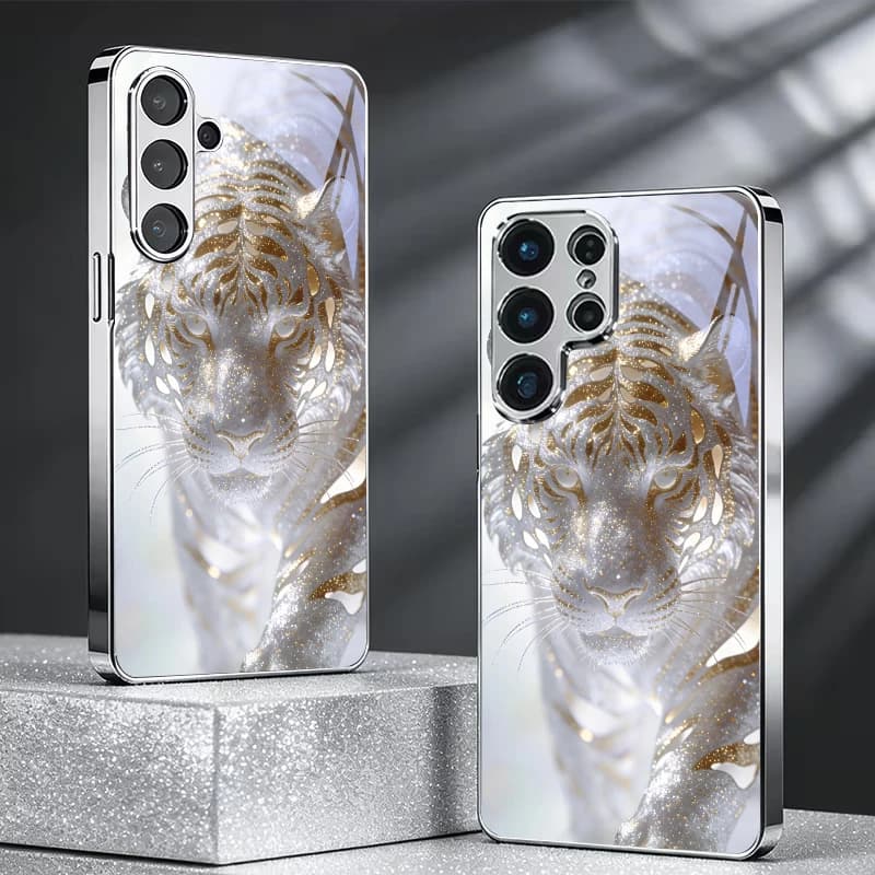 White Tiger Gold Vein Electroplated Silver Phone Case For Samsung A34 A54 A15 A35 A55 A06 A16 A36 A56 A07 A17 A37 57 Glass Cover
