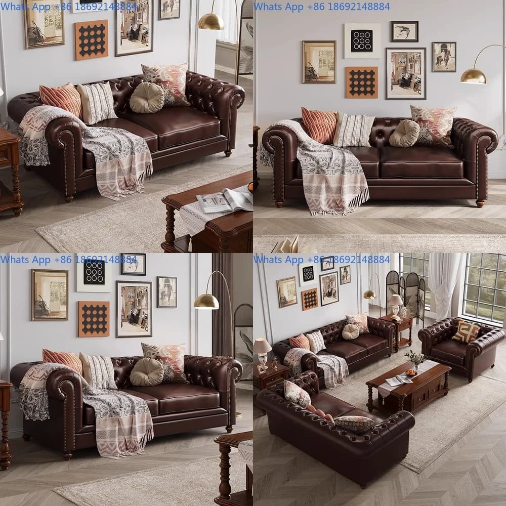 Classic American Country Living Room Sofa Set with Tufted Design Genuine Leather and Solid Wood Frame for Villa Decor