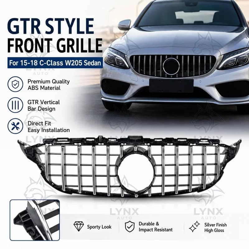 For 15-18 Mercedes-Benz C-Class W205 Sedan Sport Modified GTR Style Front Grille Vertical Bars Silver Tuning Car
