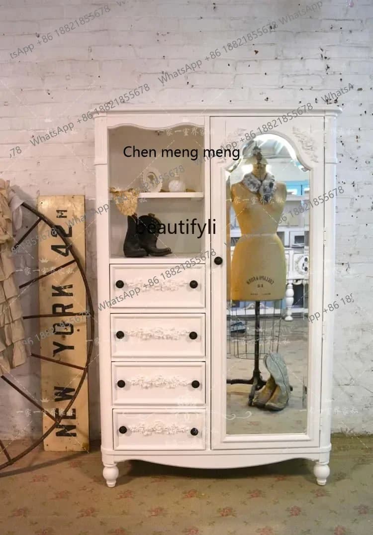 xx1American country solid wood wardrobe French retro old solid wood carving flower storage cabinet