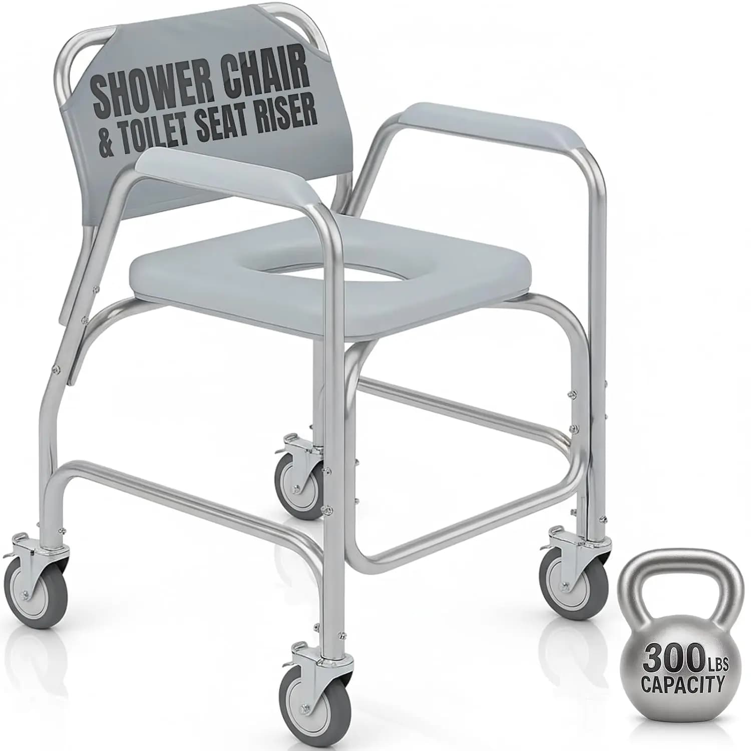Shower Chair with Wheels - Rolling Toilet Riser & Bathroom Wheelchair