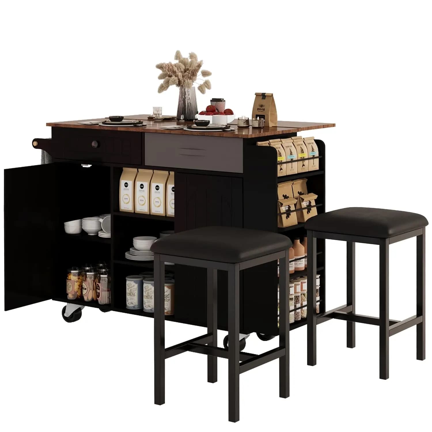 53" Length and 27.5" Width Rolling Kitchen Island with Storage, Portable Kitchen Island with Seating (Set of 2), Customized