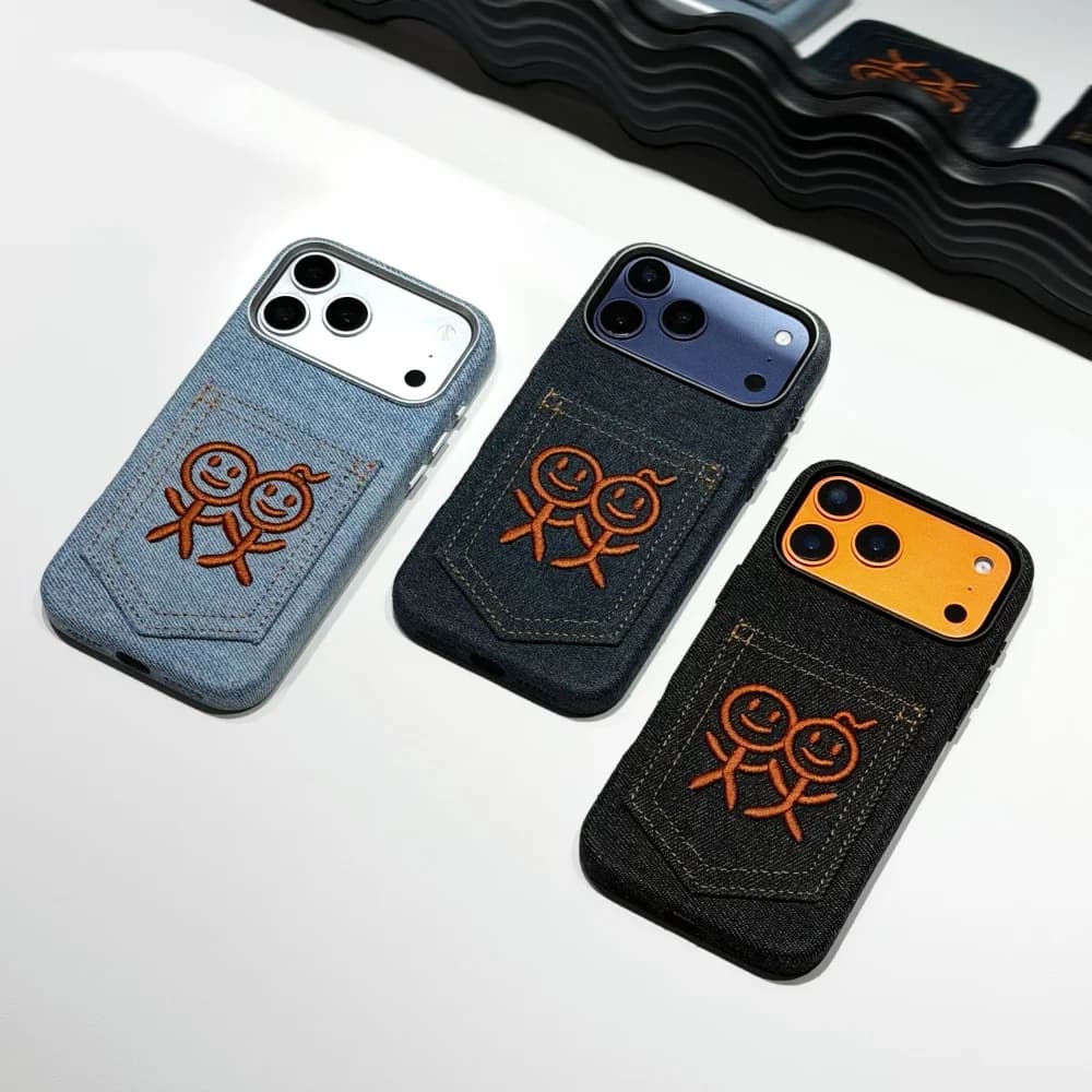 luxury Denim Fabric Embroidery Phone Case for iPhone 17 16 18 Pro Max Cute Stickman‌ Card Pocket Design Hard Protective Cover