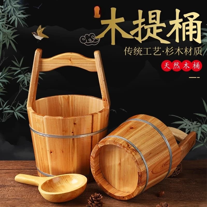 Wooden water bucket foot bath traditional Chinese medicine bucket scoop film and television props