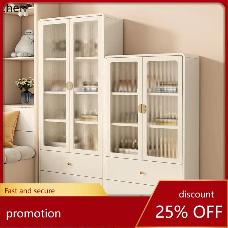 HT Solid Wood Bookcase Dustproof Glass Door Cream Style Bookshelf Floor-standing Combination Cabinet Student Storage Cabinet