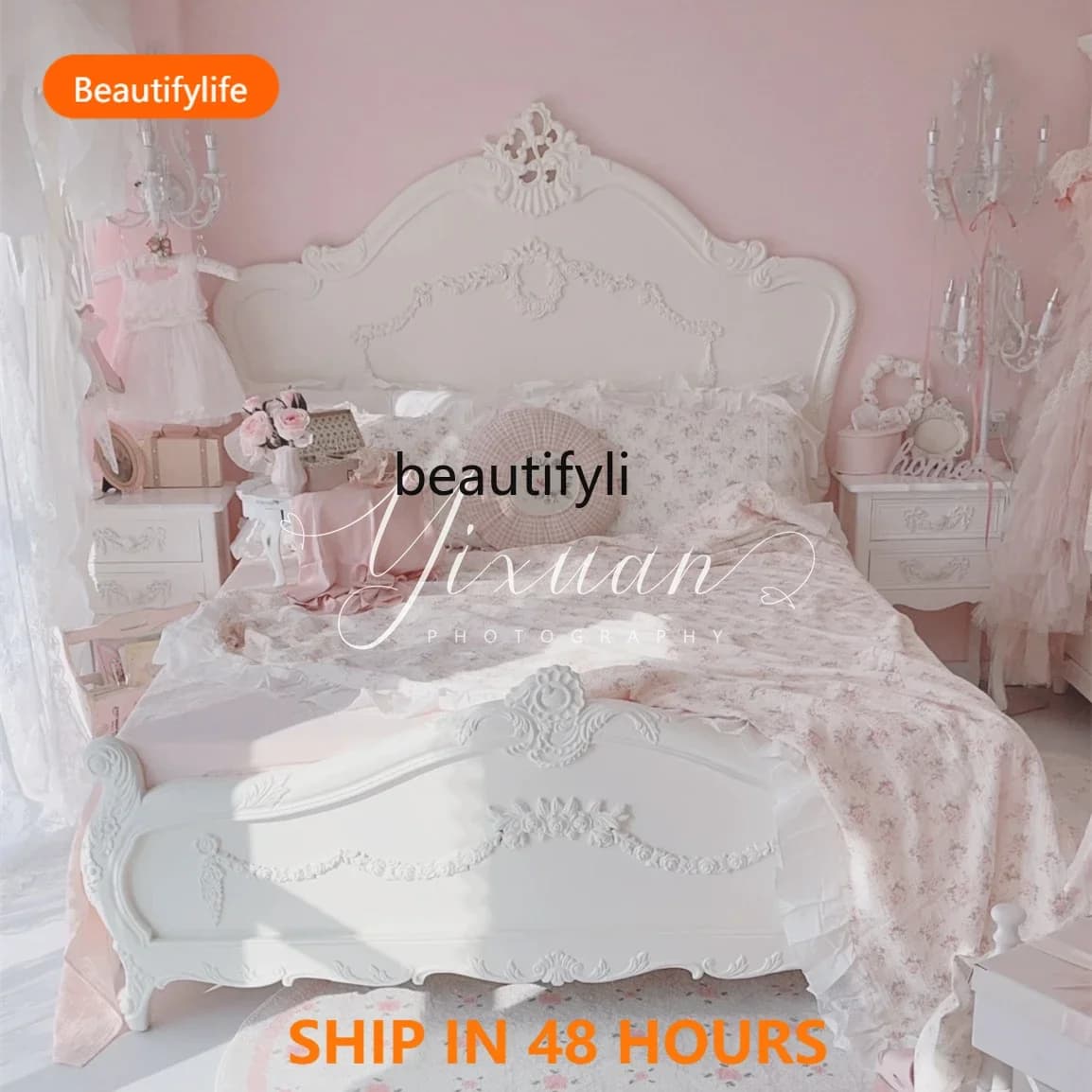 X FH  French court European fashion and simplicity, princess bed American modern pink children's bed high-end furniture