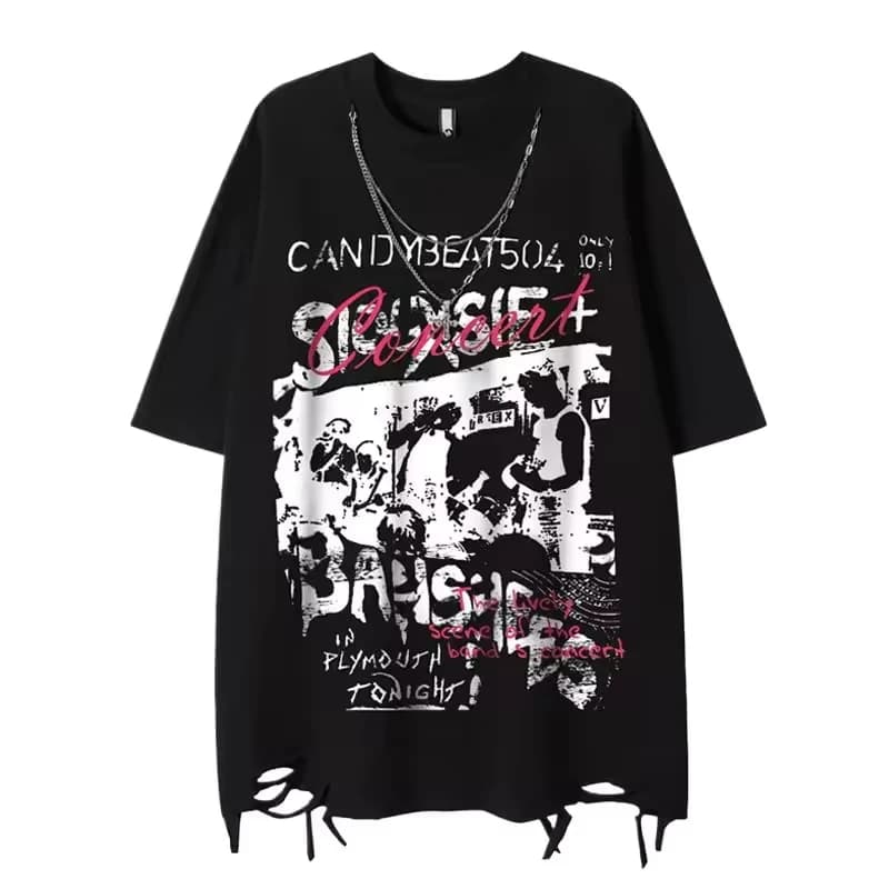 Oversized Graffiti T Shirt Men Y2K Concert Tee With Ripped Hem Harajuku Style Vintage Band Print White Streetwear Top Hop