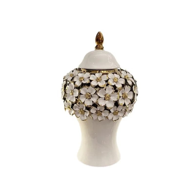 &c European Style Handmade Floral General Ginger Jar Golden Plated Ceramic Vase for Living Room Foyer Home Decoration