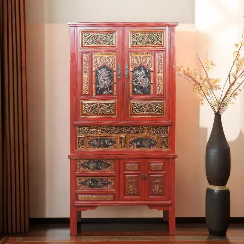 DSA retro Chinese carved entrance wardrobe all solid wood storage foyer cabinet living room bookcase classical furniture