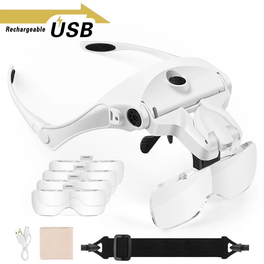 Magnifying Glasses, Rechargeable Headband Magnifier With LED Light Lamp Head Loupe Eyewear Glasses Tool Repair Reading Magnifier