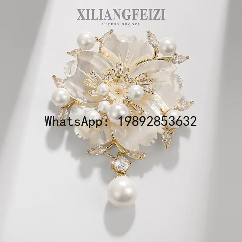XZ Premium Plum Blossom Mother Shell Brooch Pearl Camellia Pin Flower Clothing Zircon Corsage