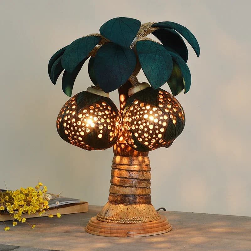 Wooden Coconut Shell Decorative Table Lamp Southeast Asia Thai Coconut Lamp Bedroom Bedside LampL7