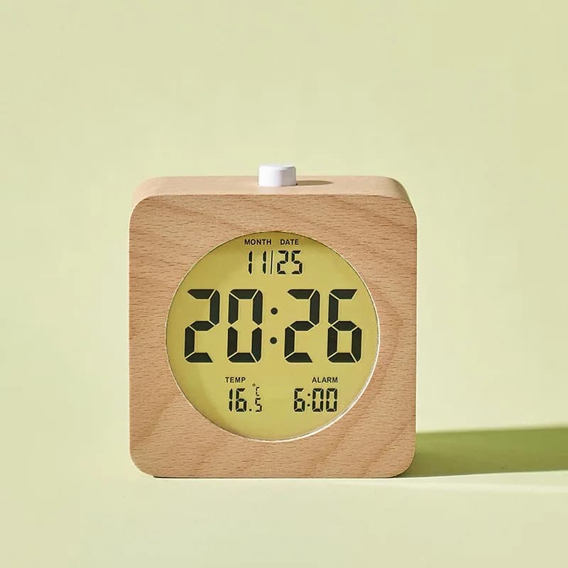 Nordic Minimalist Solid Wood Alarm Clock Creative Multifunctional LCD Electronic Clock Date Temperature Display Desktop Ornament