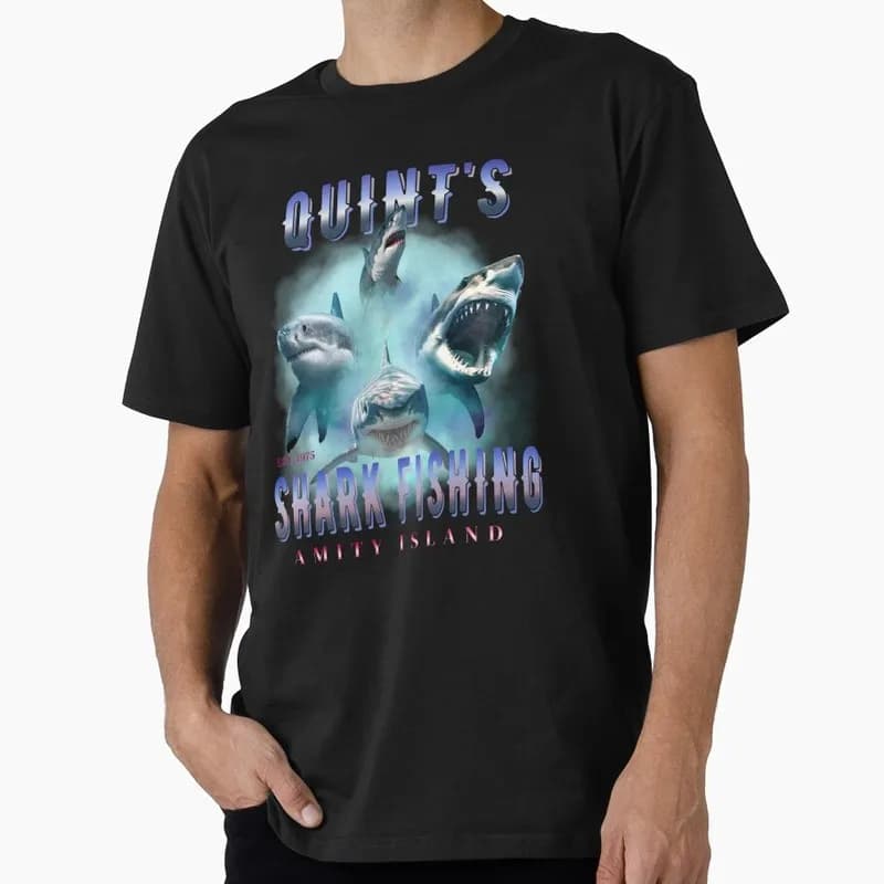 Quints Shark Fishing Jaws Horror Movie Unisex T Shirt Retro Amity Island Great White Shark print Graphic Tops Short Sleeve Tees