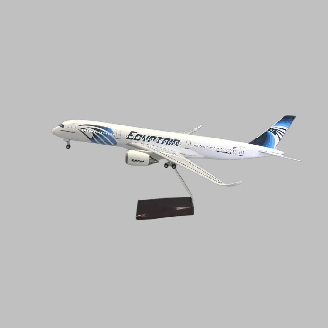 47 cm A350 EgyptAir Resin-Cast Aircraft Model 1/142 Scale with Wooden Base and Landing Gear—Passenger Aircraft Collectible