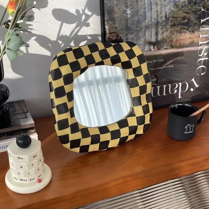 Checkerboard Ins Makeup Mirror Korean Creative Bathroom Cosmetic Mirror Living Room Bedroom Desktop Wall Decoration Mirror