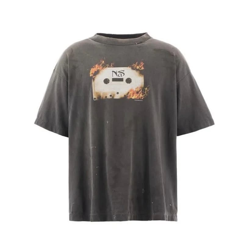 Premium Quality SAINT Cassette Flame Recorder Cassette Flame Washed Cotton Summer T-Shirt