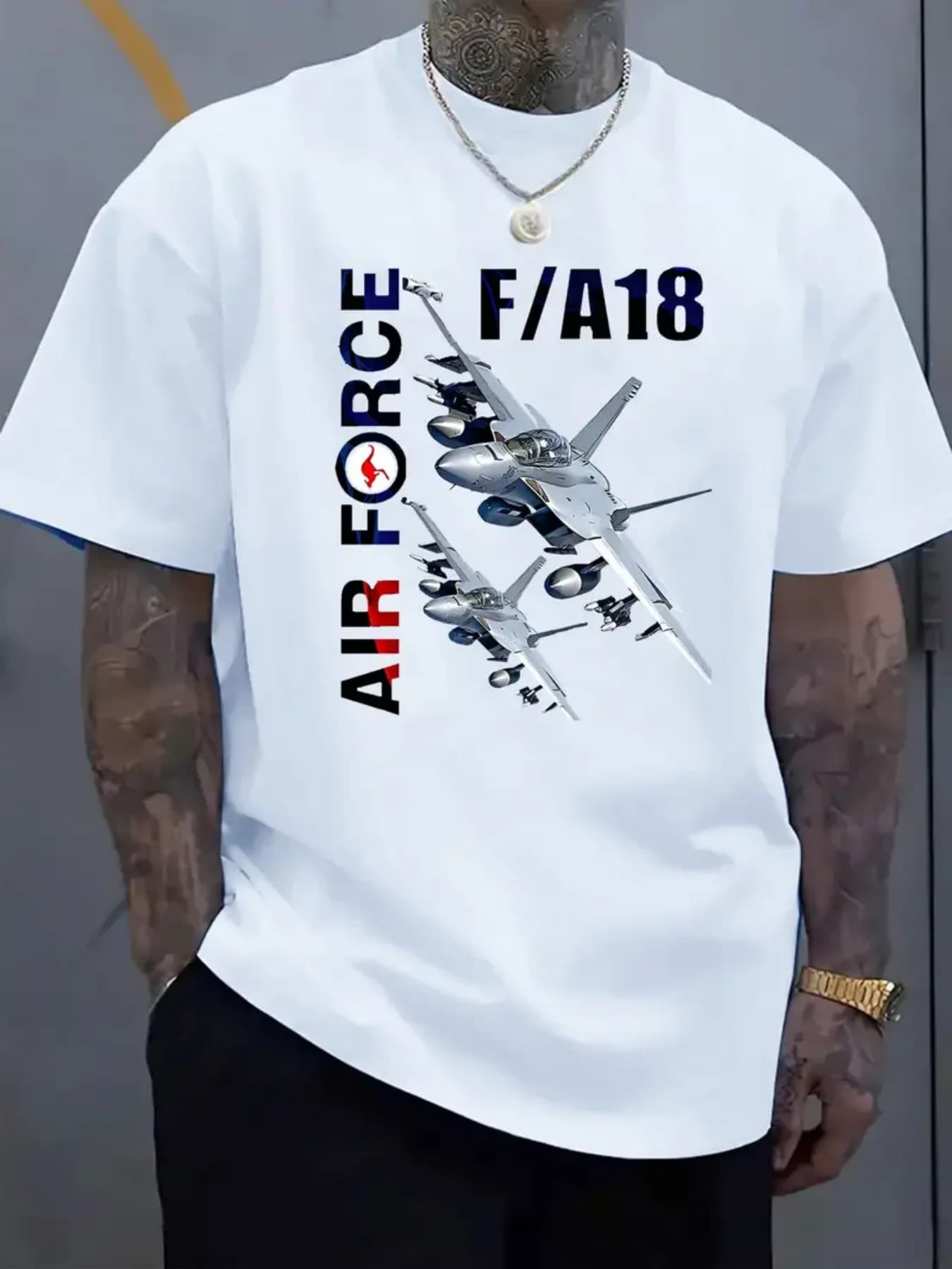 with F/A18 Fighter Jet, "AIR FORCE" Text design -100% cotton summer short sleeve casual O-neck printed men's T-shirt.