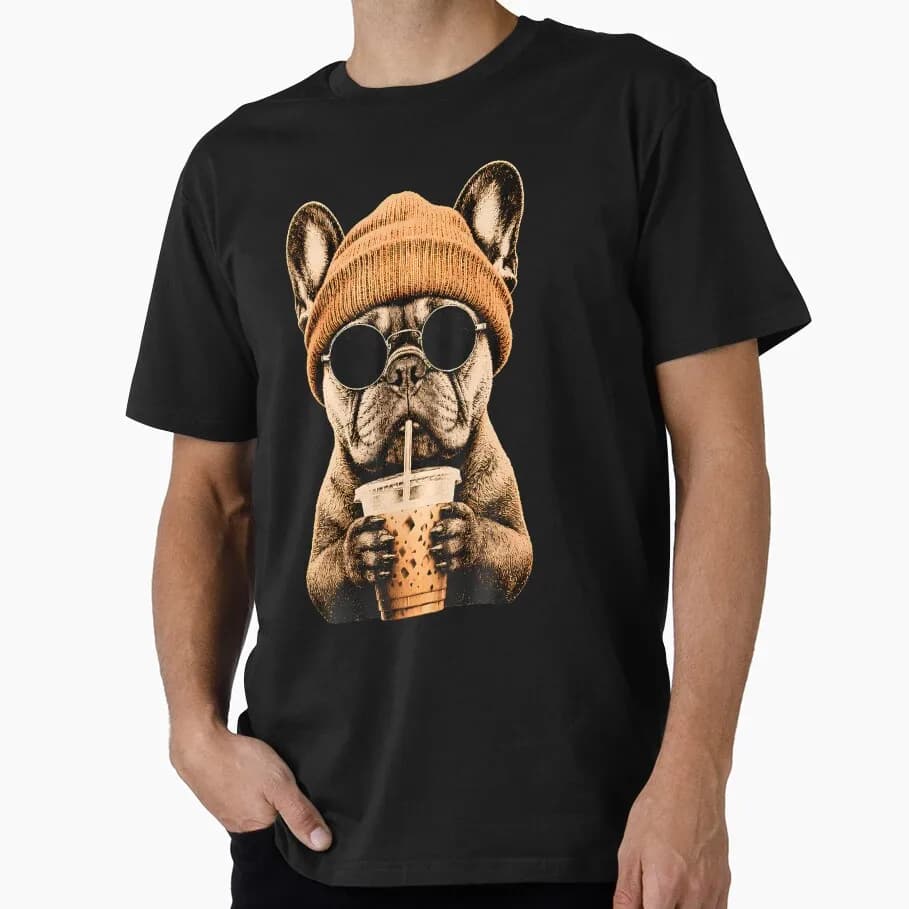 French Bulldog Hipster Dog Drinking Iced Coffee Sunglasses T-shirt Unisex Tee Gift for Dog Owners Great Present Tops S-6XL