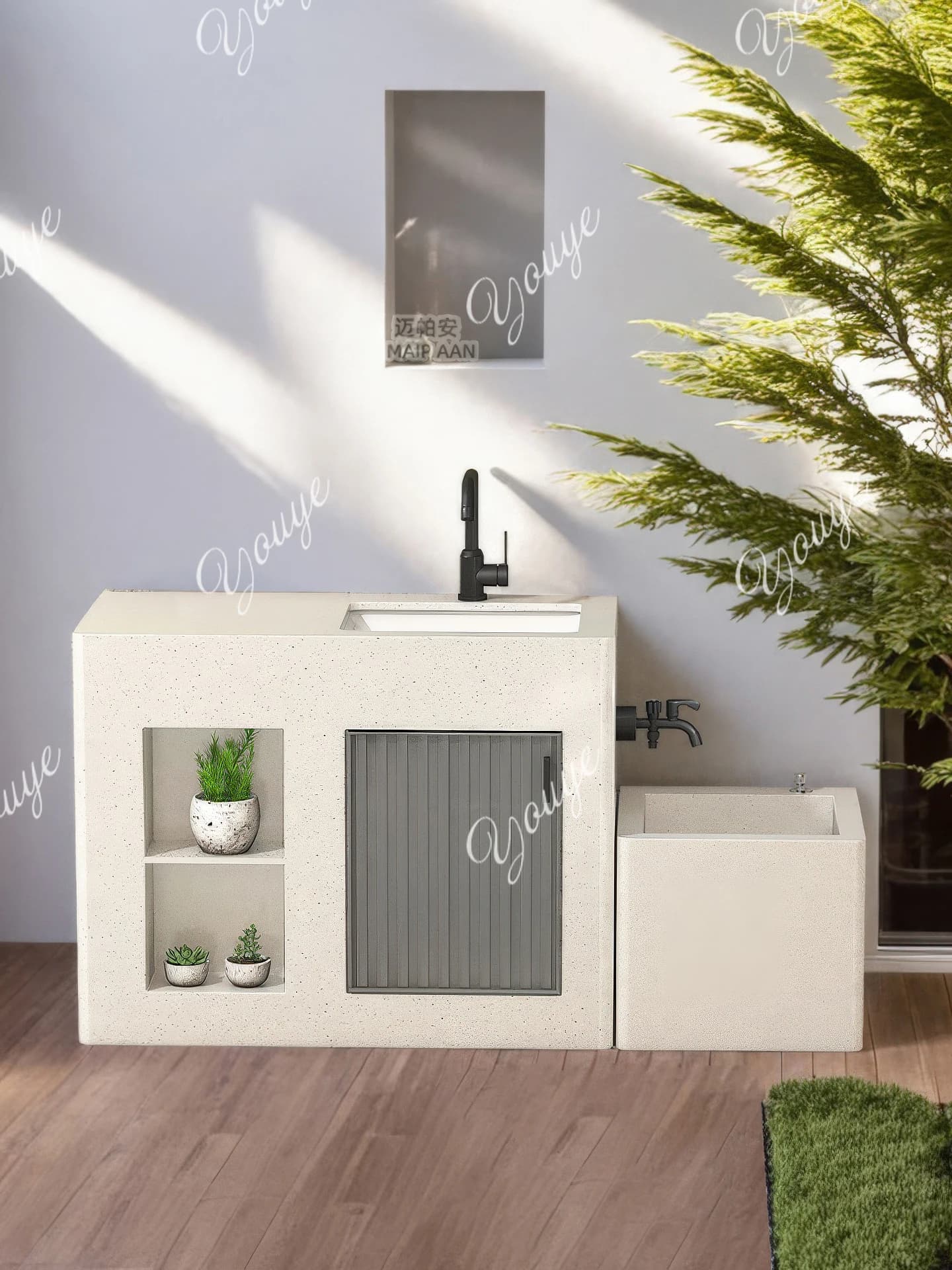 Slate outdoor column basin, courtyard wash basin,  garden basin, round edge integrated wash basin