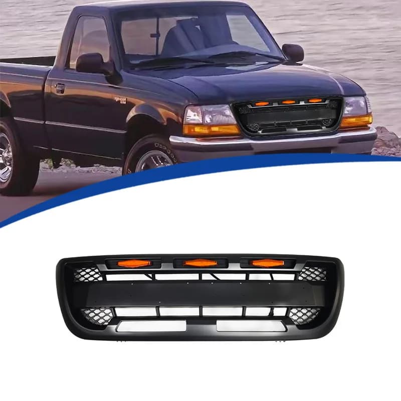 For Ford Ranger 1998-2000 Front Grille ABS Mesh with Amber LED Lights Replacement Car Modification Bumper Trim Pickup Truck Part