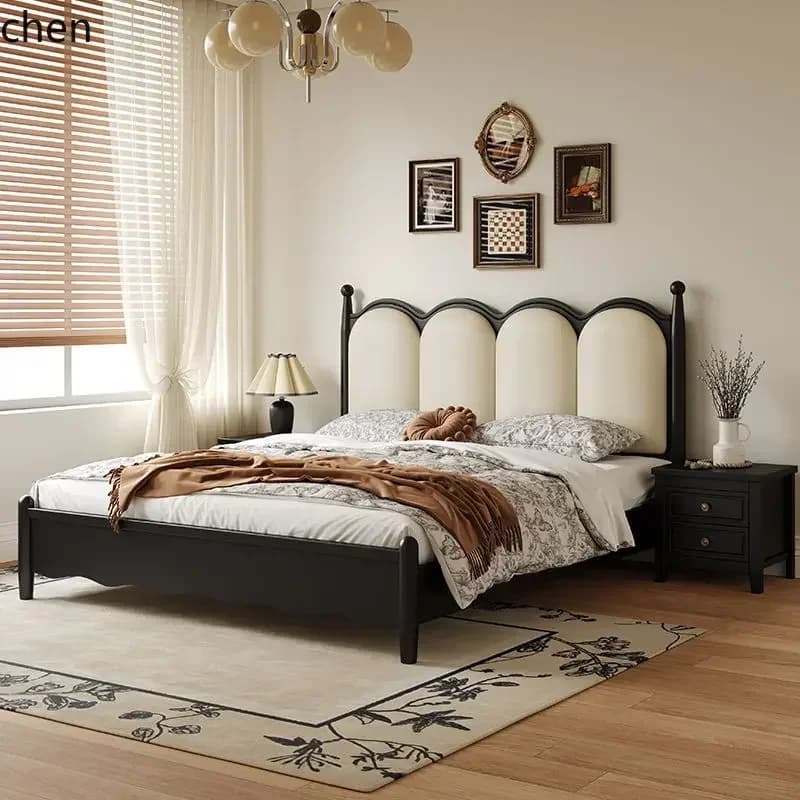 HT  Retro Solid Wood Bed Vintage Style Master Bedroom Double Bed Modern Simple Black Upholstered Bed