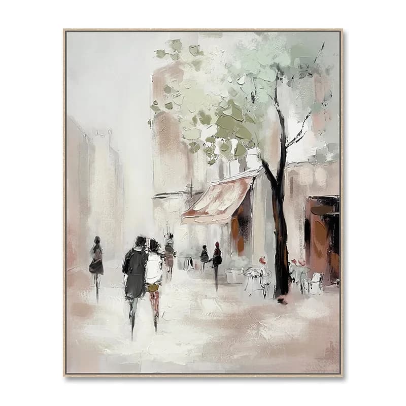 Artistic hand-painted oil painting, light luxury Nordic street scene mural, living room background wall decoration