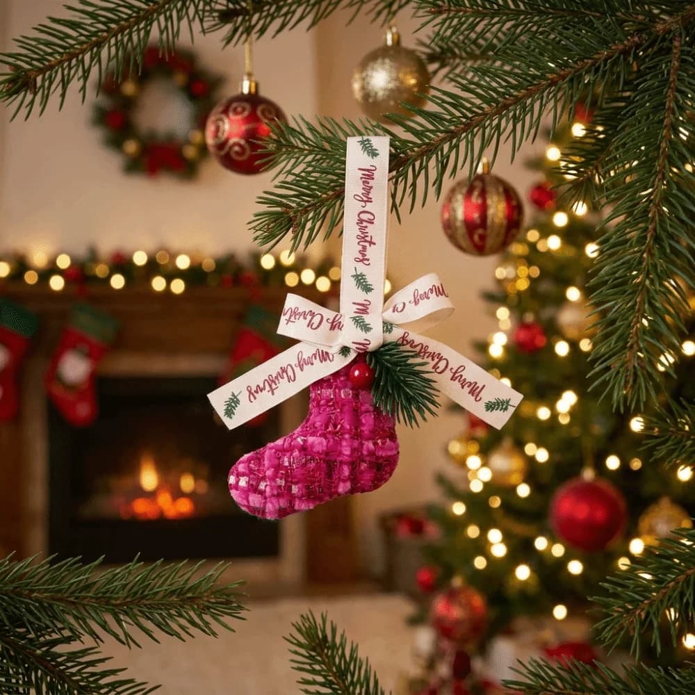 3D Christmas Bow Bell Pendant Sparkling Christmas Stocking Xmas Tree Pendant Pinecone Rustic Xmas Gift Hanging Decorations