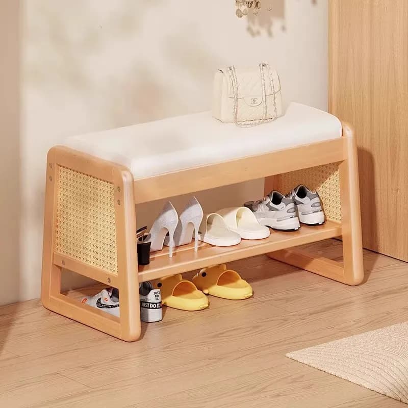 New Woven Rattan Shoe Rack Multilayer Storage Bench Entryway Space Saving Solid Wood Footstool