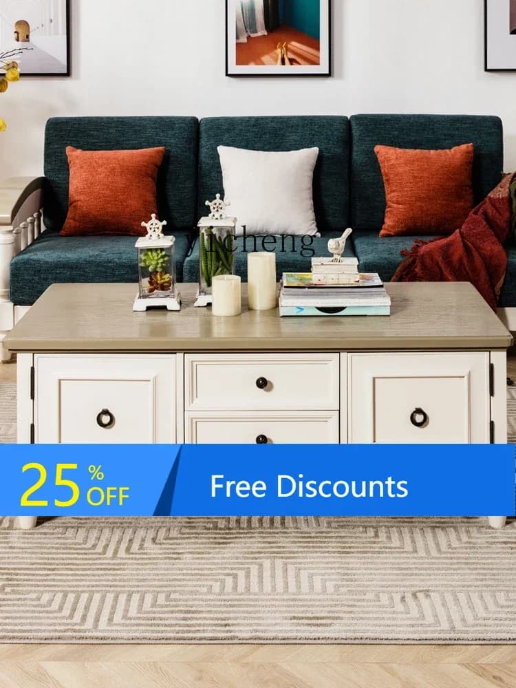 LYY  Solid Wood Coffee Table TV Cabinet Combination Large and Small Apartment Type Simple Modern Cream Style Living Room