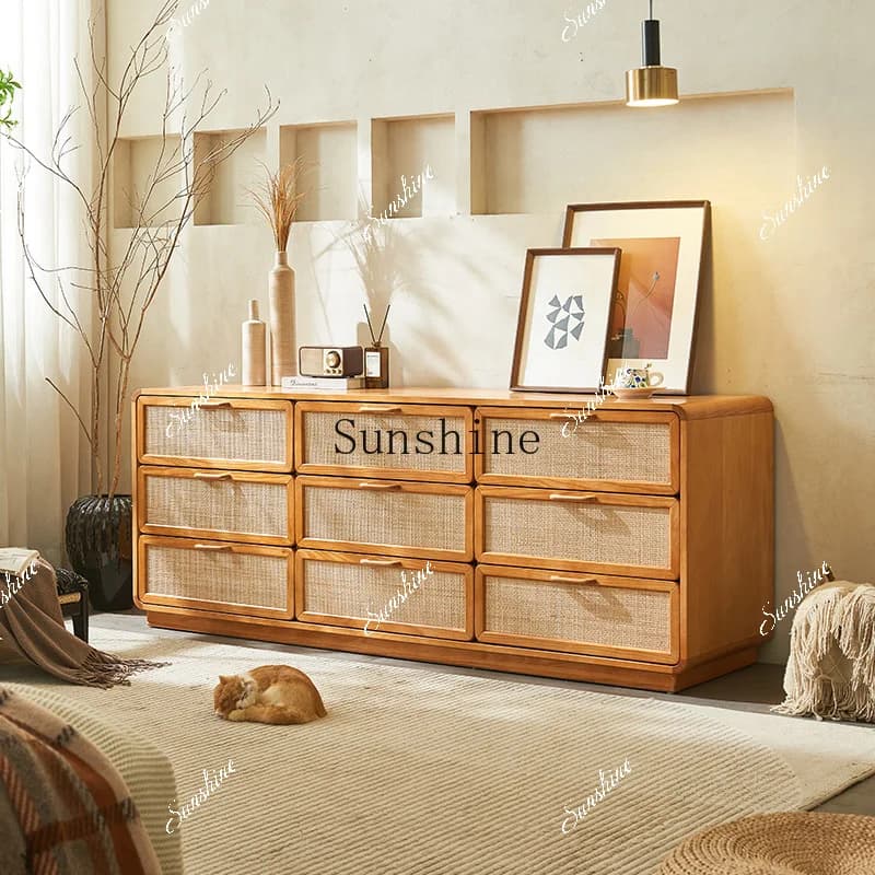 Wabi Sandy Wind Solid Wood Rattan Jiudou Cherry Edge Drawer Storage Storage Cabinet Japanese Style  FT