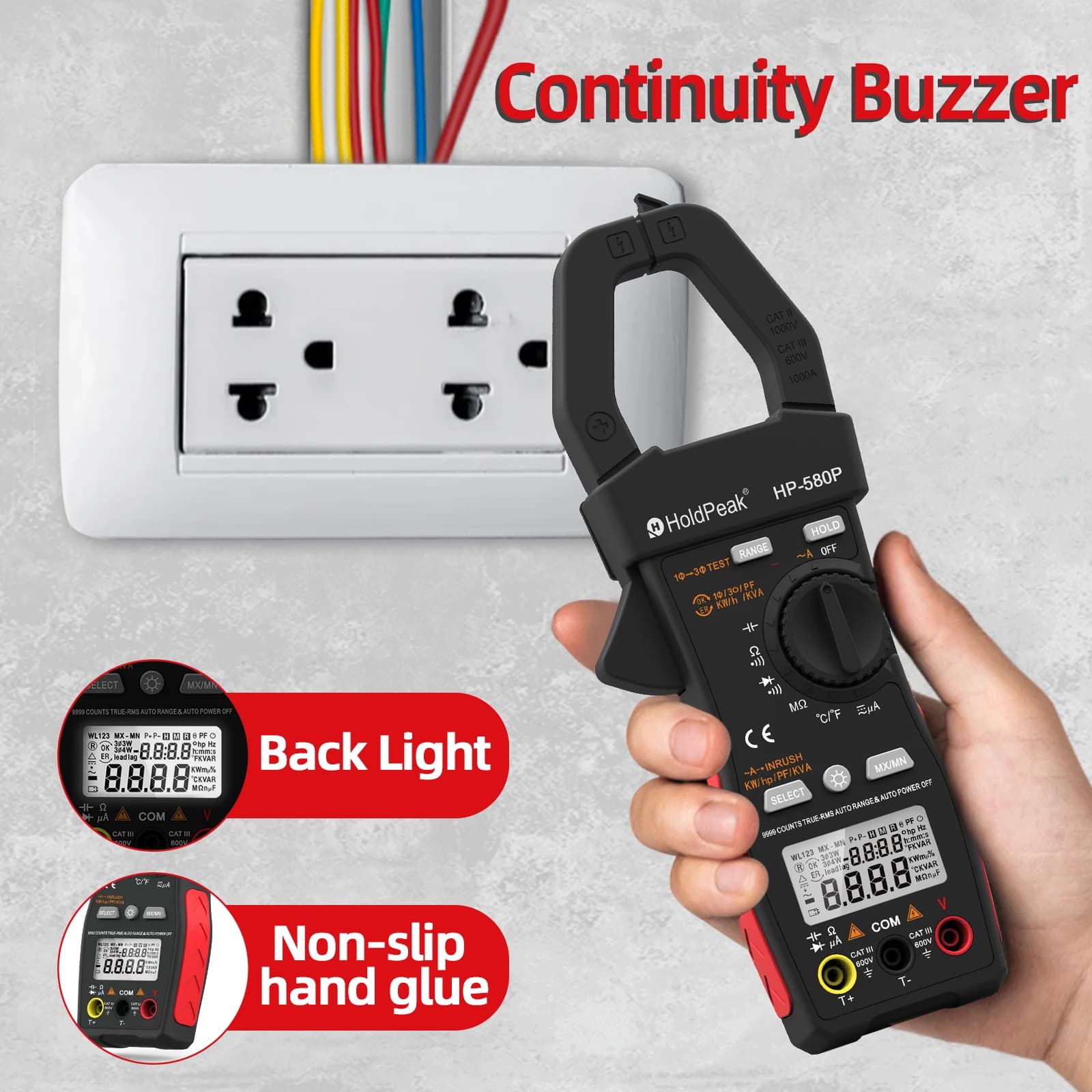 Phase Clamp Power Meter 1000A 600V True RMS Wattage KVA KVAR HP PF Phase Sequence Inrush Current Clamp Multimeter