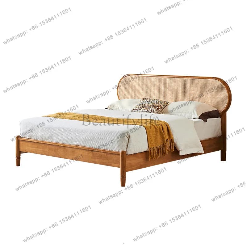 Wabi-sabi style imitation rattan solid wood bed home medieval style double 1.8m large bed
