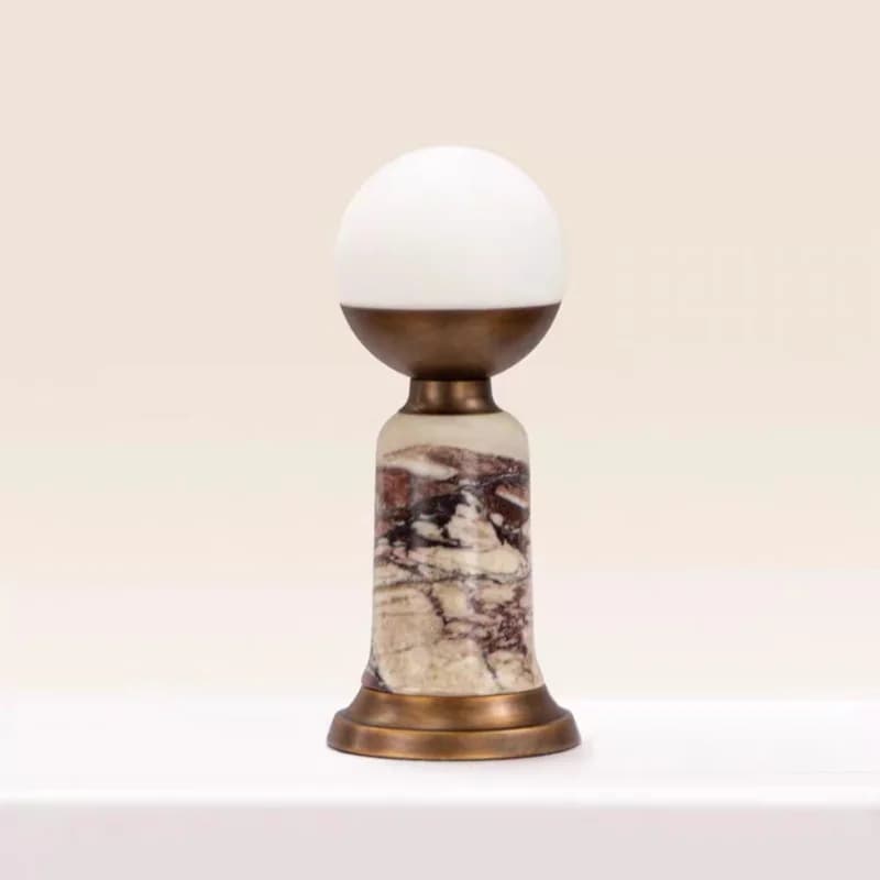 Modern Natural Marble Table Lamp with Opal Glass Globe Shade, Antique Brass Base Bedside Night Light for Bedroom Decor