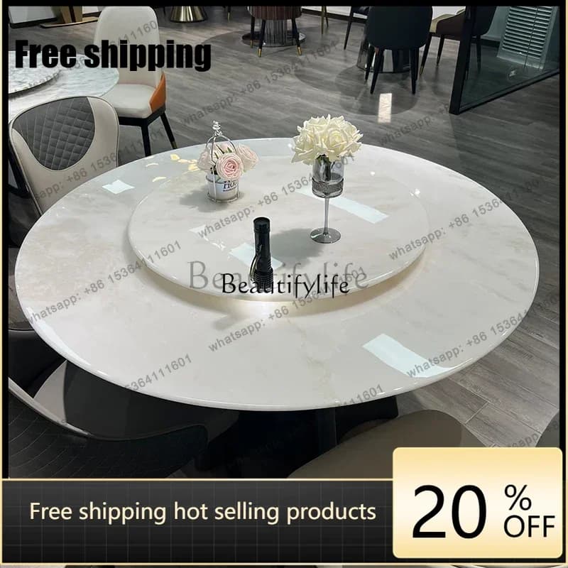 JJ Natural luxury stone with turntable round dining table modern simple household Italian light luxury marble