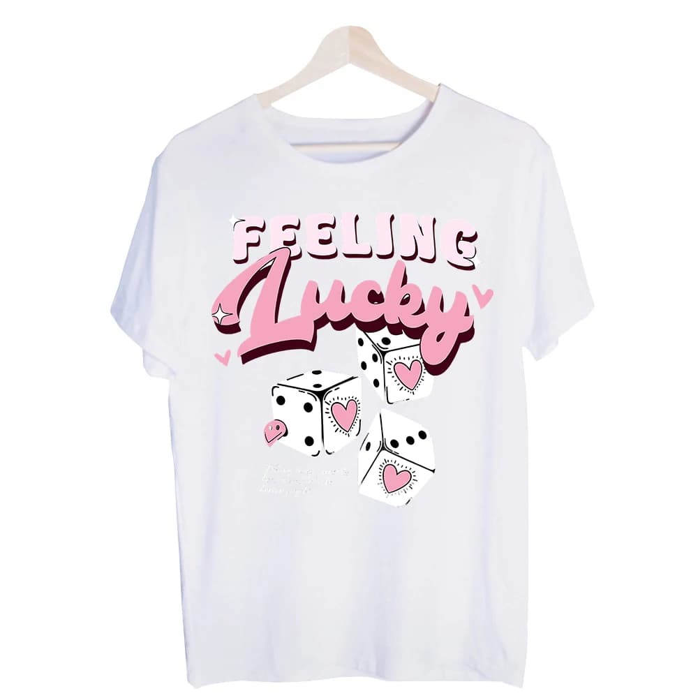 Women's Lucky Dice and Heart Graphic Tee, Short Sleeve Slogan Print T-Shirt for Casual Daily Wear