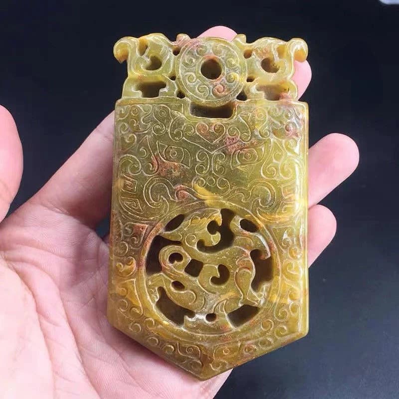Old Jade Antique Blue Dragon Token Carved Feng Shui Auspicious Jade Statue