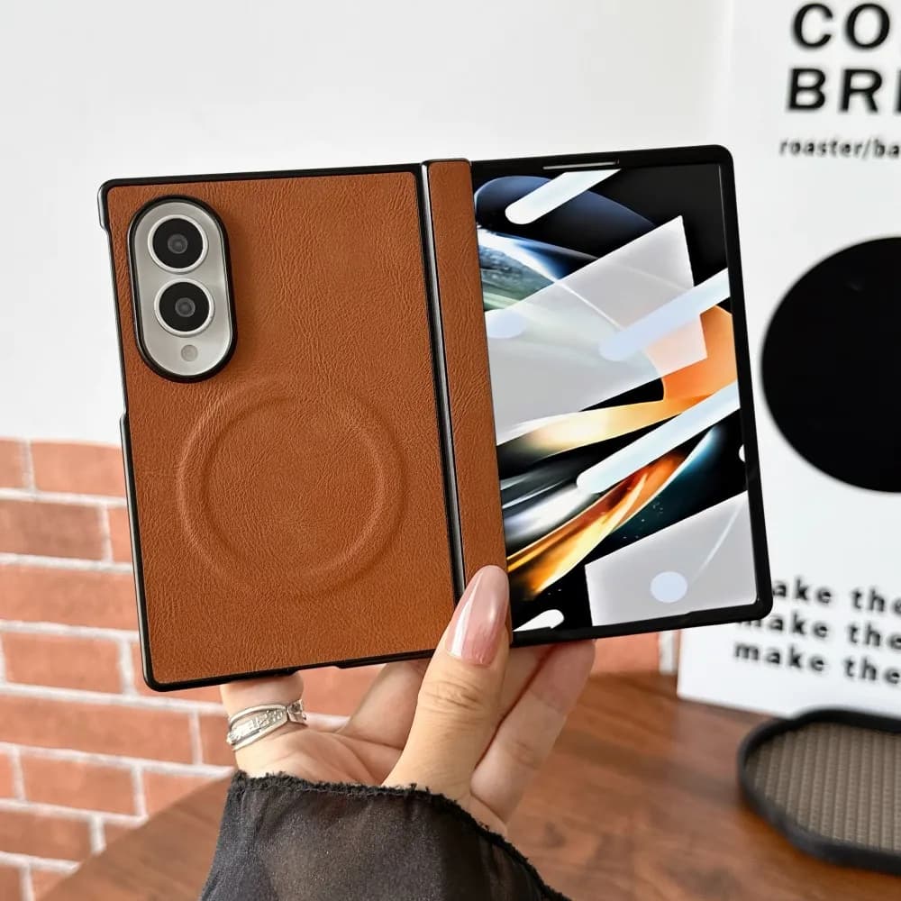 For Samsung Galaxy Z Fold 8 Wide Fashion Leather Phone Case Front Protection Film Hinge MagSafe Magnetic Hard Shell Back Cover