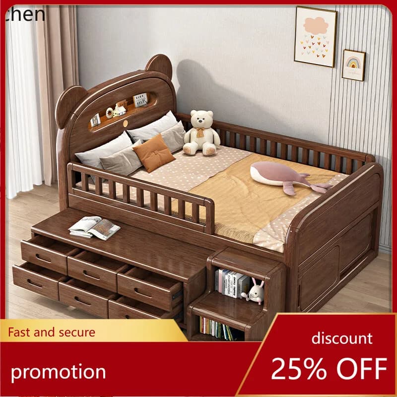 HXL Solid Wood Bed Walnut Half Height Bed with Guardrail Storage Multi-Function
