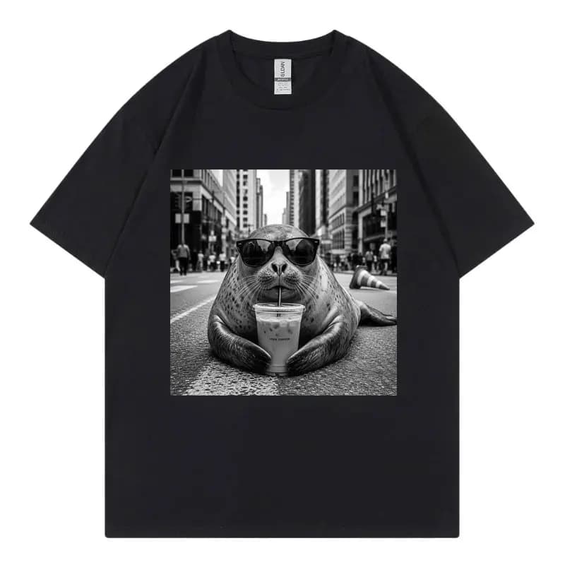 Neil The Seal Drinking Iced Coffee Funny Meme T Shirt Men Women Fashion Vintage T-shirts Summer Casual Loose 100%cotton T-shirt
