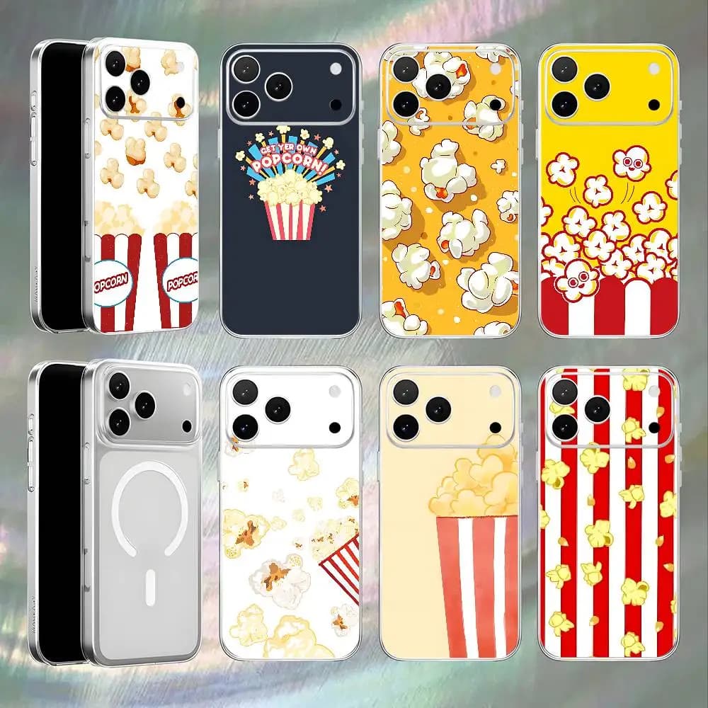 Popcorn Shockproof Transparent White Phone Case For iPhone 17,16,15,14,13,12,11,Pro,Max Magnetic Wireless Charging