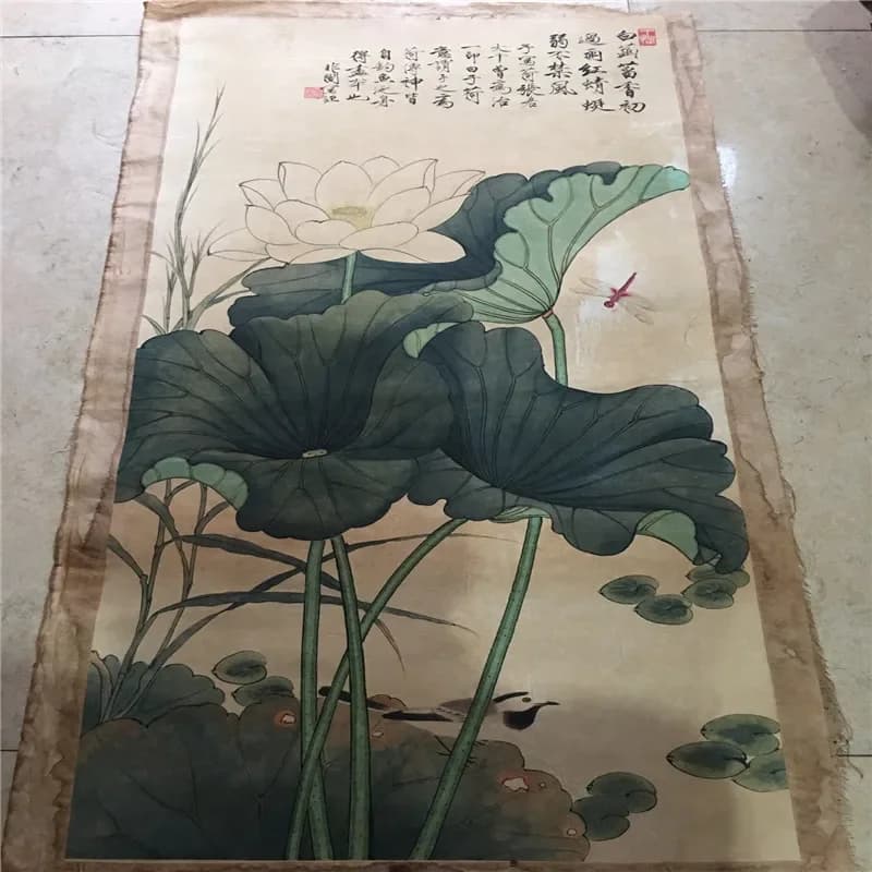 Chinese Old Scroll - Dragonfly of Lotus Picture Painting on Rice Paper Art Slice Yu Feidark